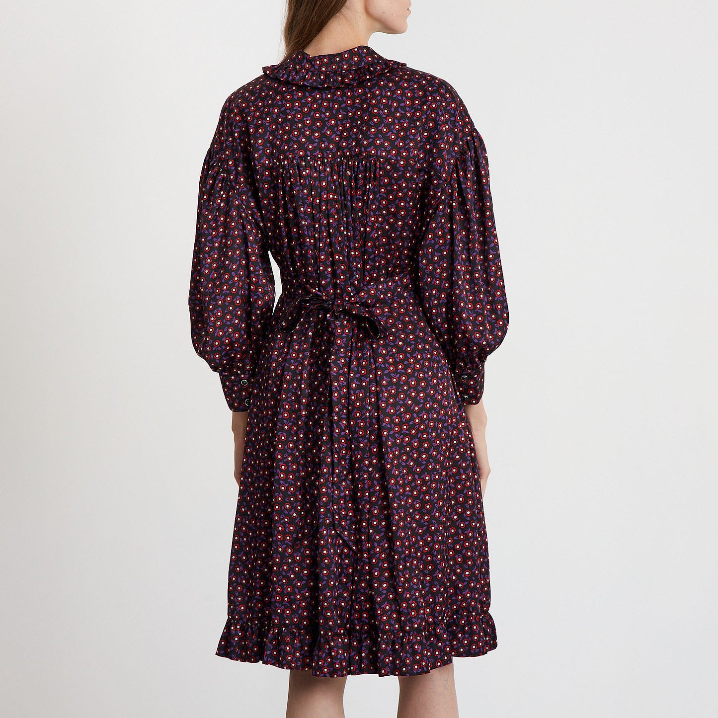 Midnight Bloom Tie-Neck Midi Dress