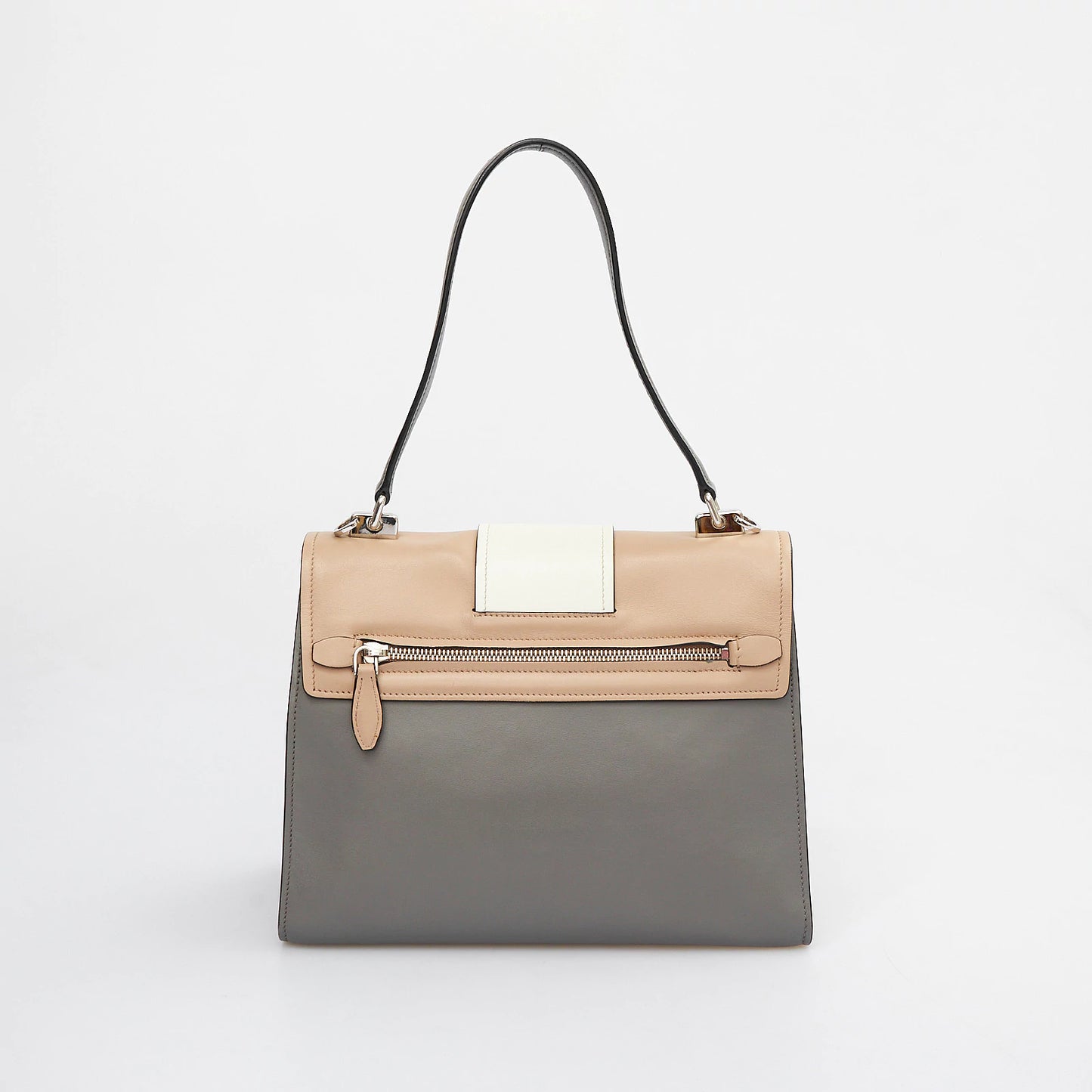 Grey Leather Tote with Beige