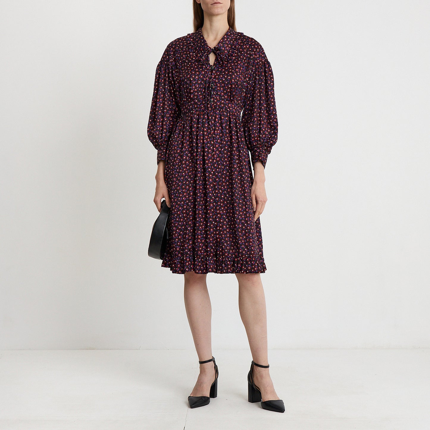Midnight Bloom Tie-Neck Midi Dress