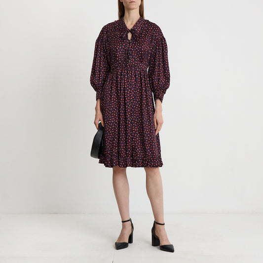 Midnight Bloom Tie-Neck Midi Dress