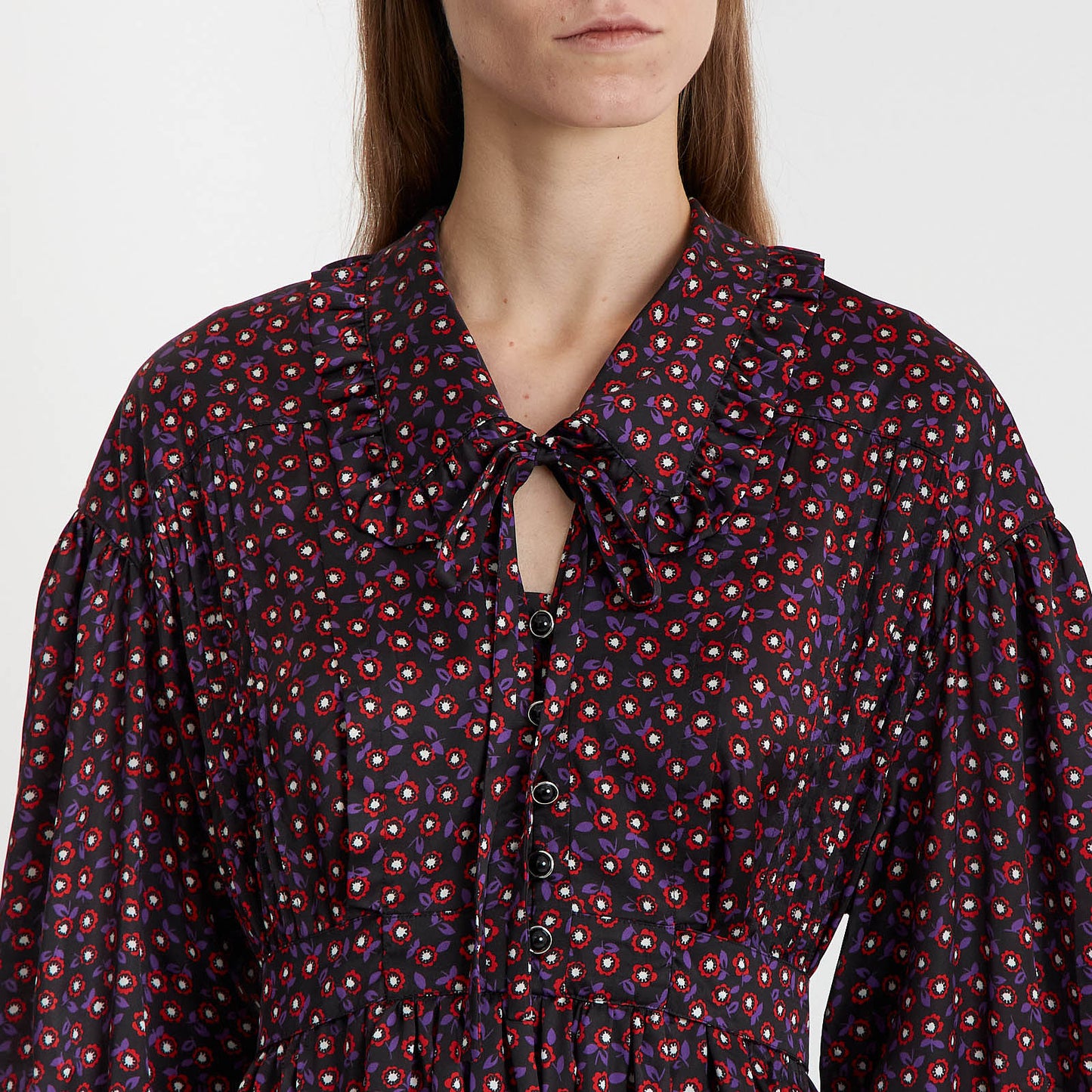Midnight Bloom Tie-Neck Midi Dress