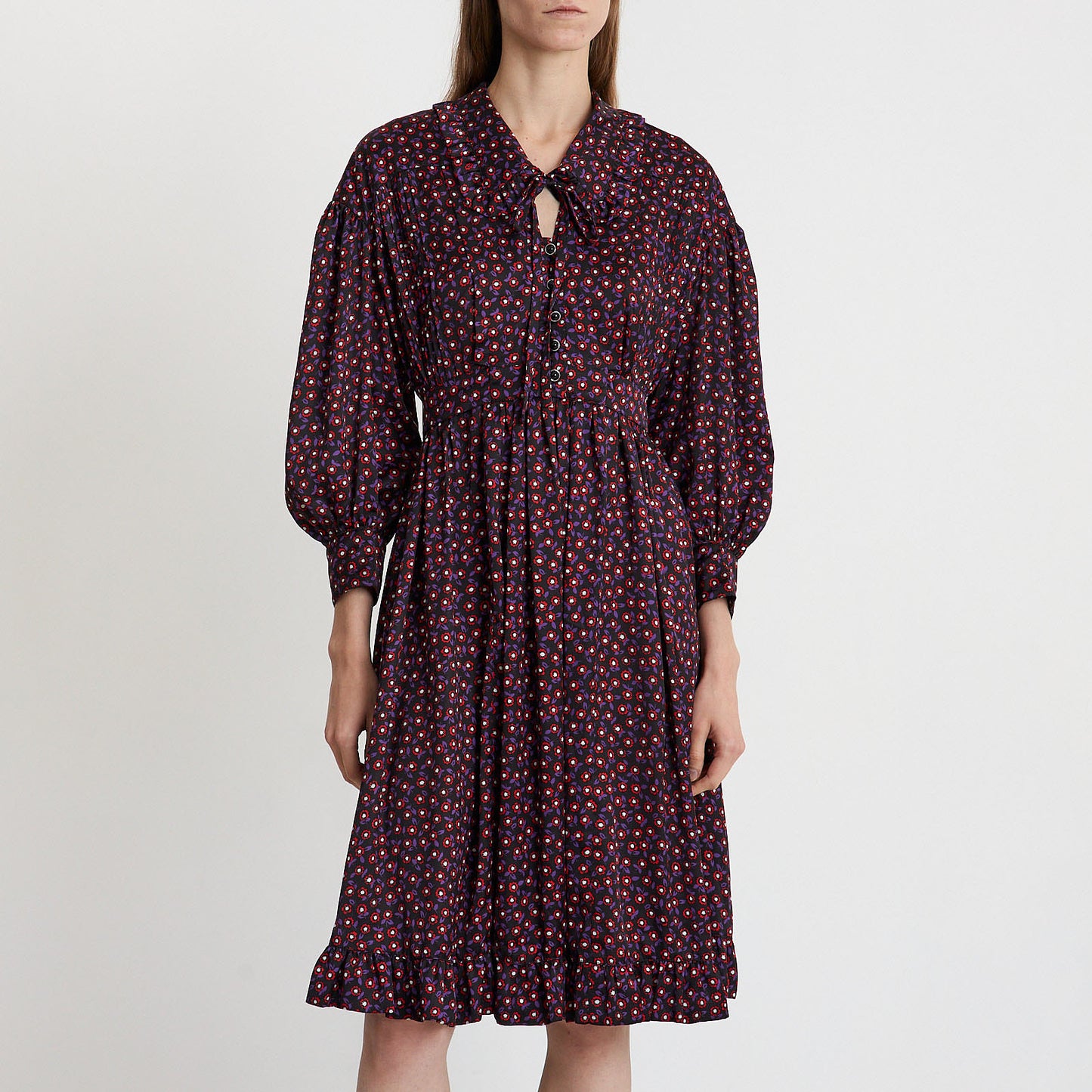 Midnight Bloom Tie-Neck Midi Dress