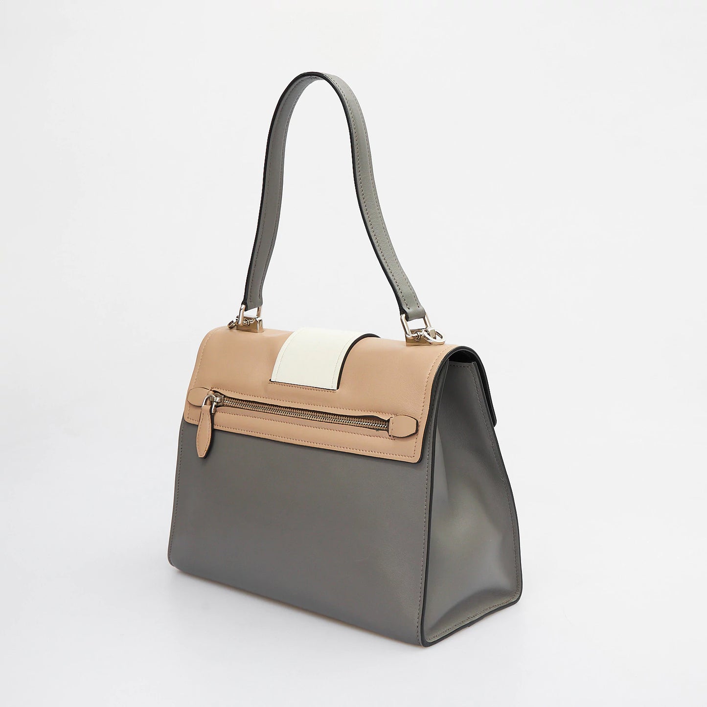 Grey Leather Tote with Beige