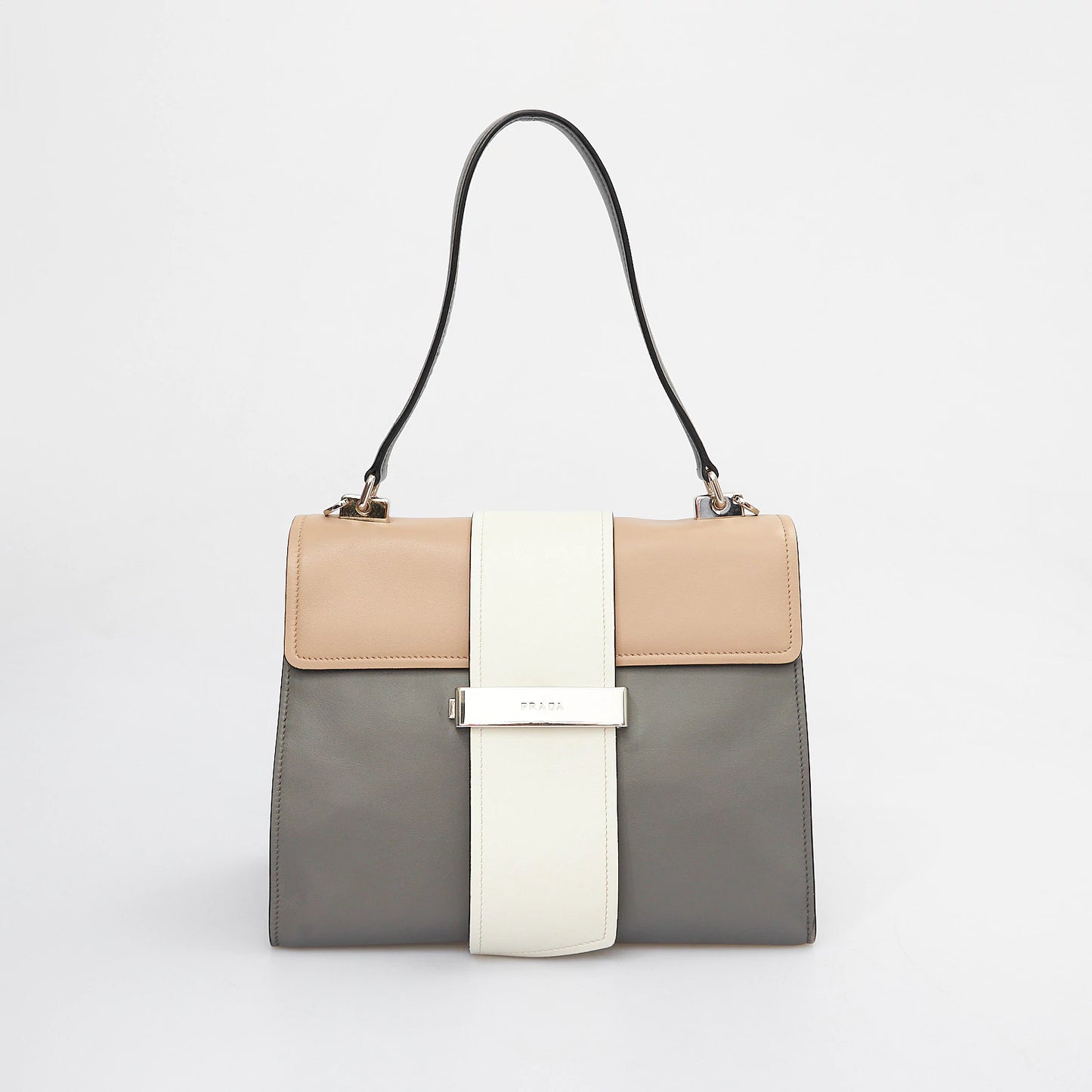 Grey Leather Tote with Beige