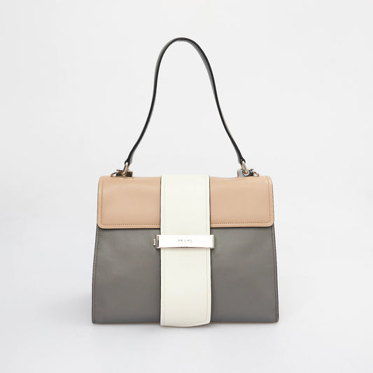 Grey Leather Tote with Beige