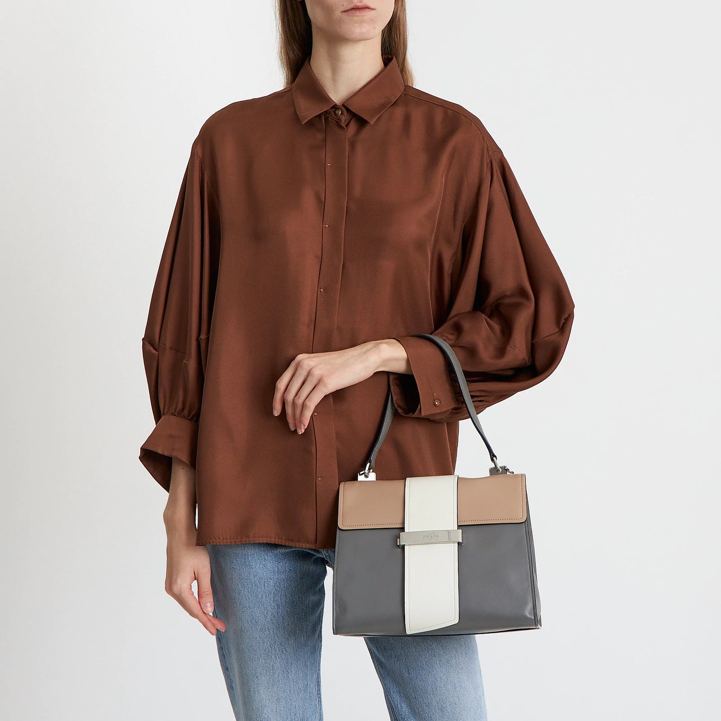 Grey Leather Tote with Beige