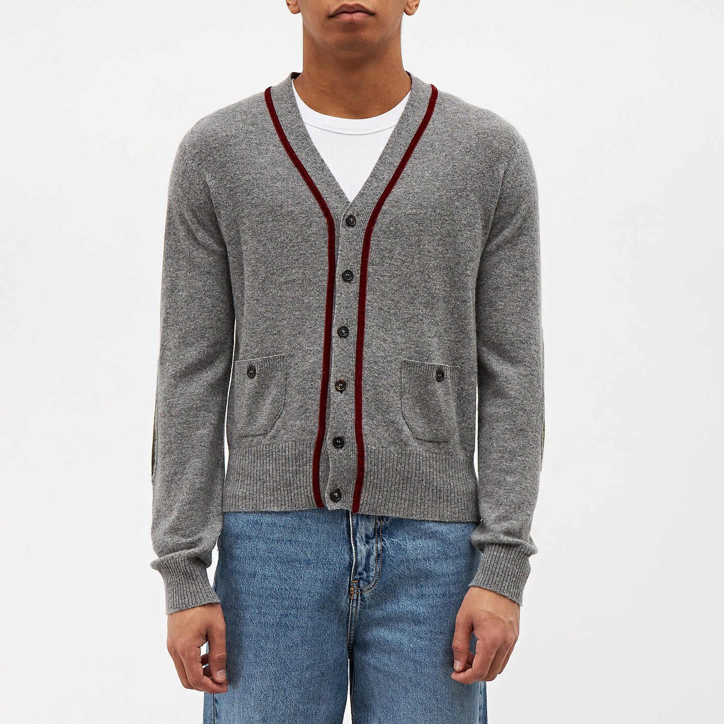 Grey Cardigan with Velvet Trim