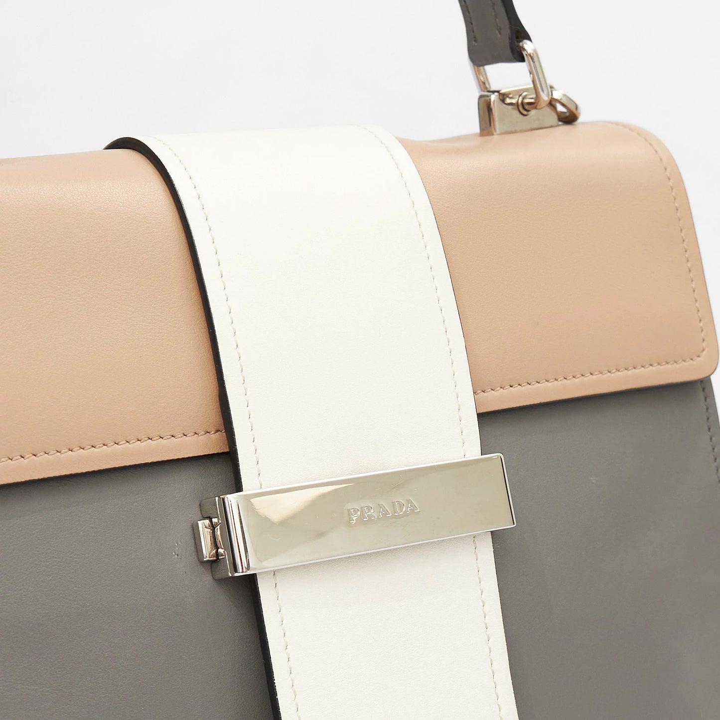 Grey Leather Tote with Beige